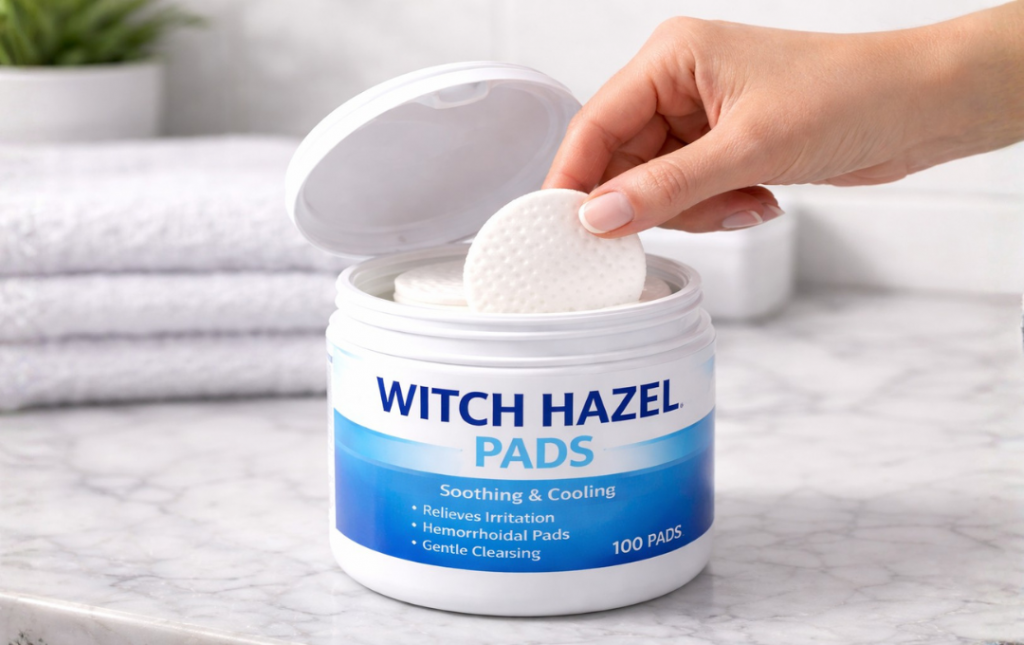 Woman with hemorrhoids pulls out a witch hazel pad.