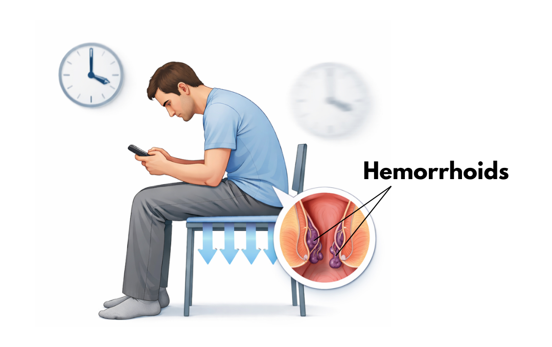 Man sitting for too long, increasing his risk for hemorrhoids.
