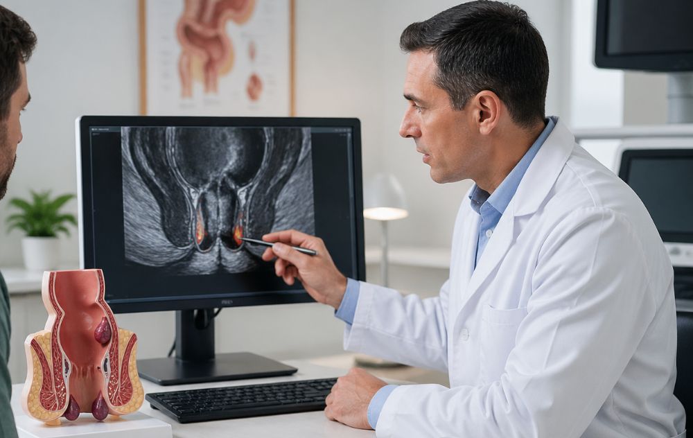Doctor explaining a hemorrhoid diagnosis