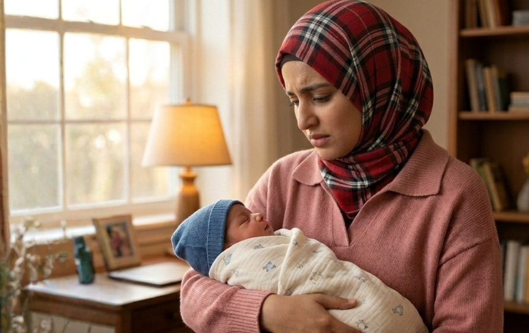 Woman in distress holding her new born.