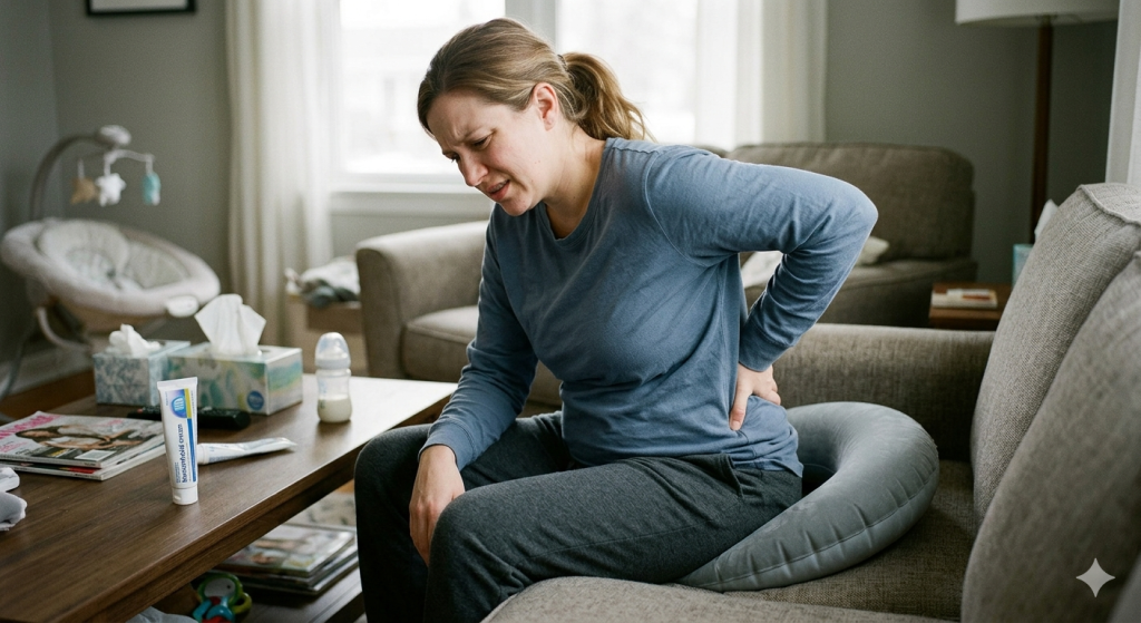 Woman in pain form postpartum hemorrhoids, sitting on donut cushion for relief.