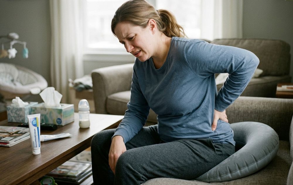 Woman in pain form postpartum hemorrhoids, sitting on donut cushion for relief.