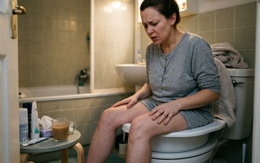 Woman on a sitz bath in the bathroom.