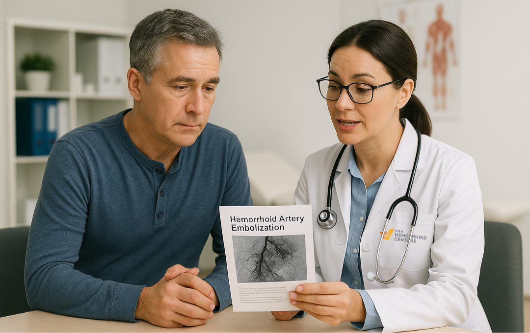 Person speaking with a hemorrhoid specialist about internal hemorrhoid symptoms.