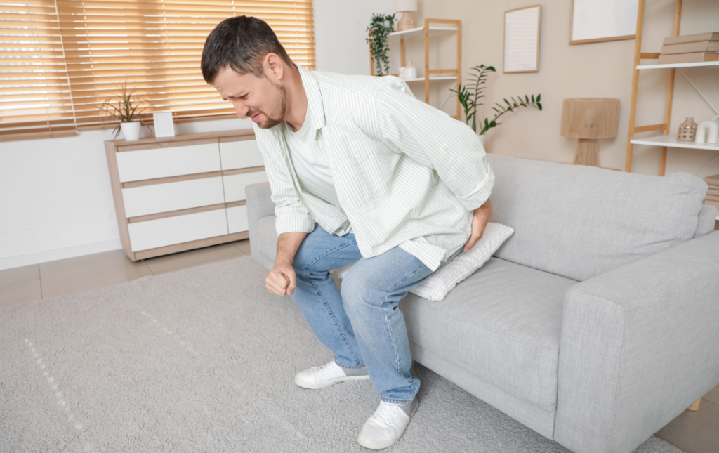 Man suffering from untreated hemorrhoids.