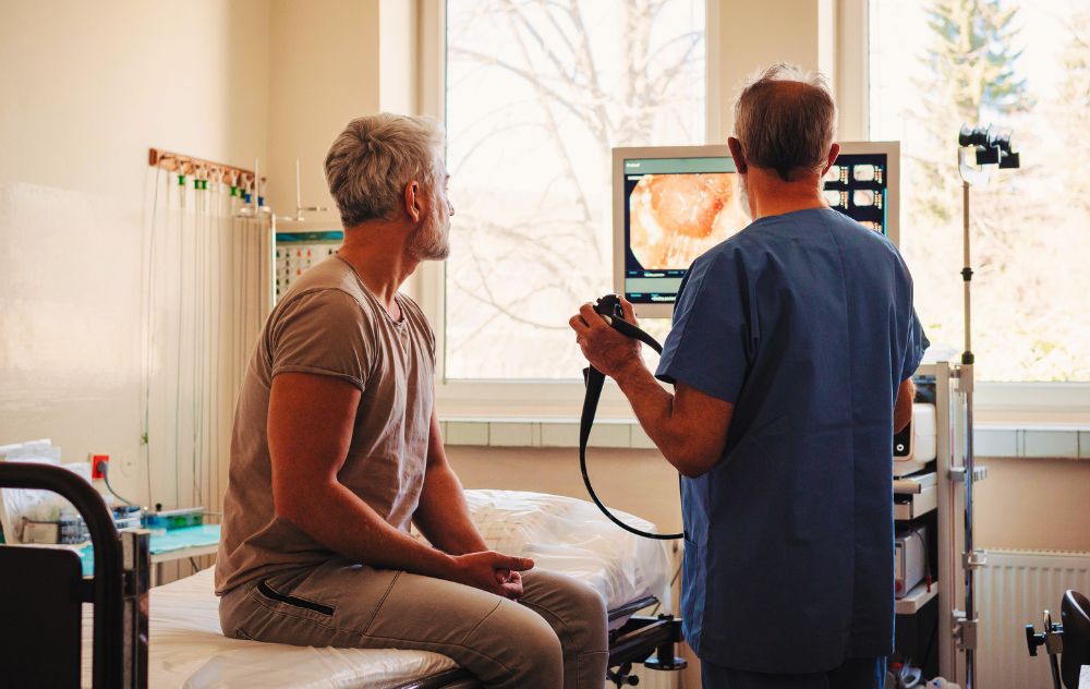 patient looking at a colonoscopy for internal hemorrhoids