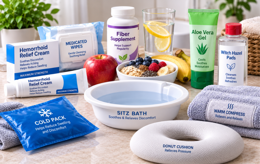 Over-the-counter treatments and home remedies for hemorrhoid relief.