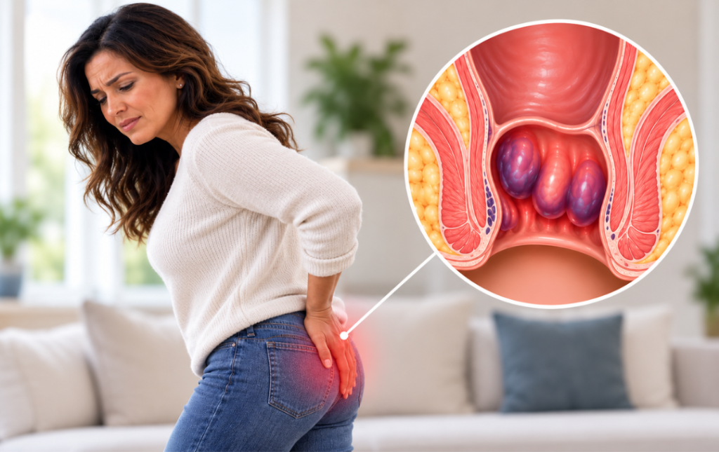 Woman in pain caused by internal hemorrhoids